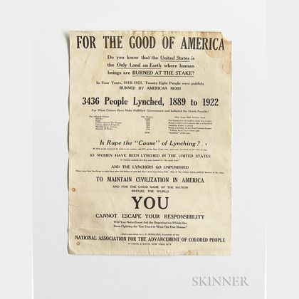 NAACP Anti-Lynching Poster Pre-1922, For the Good of America, Do You Know that the United States is the Only Land on Earth Where Human 