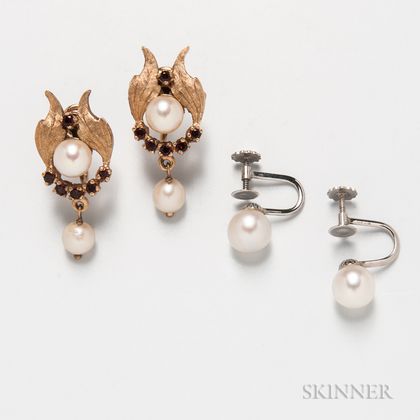Two Pairs of 14kt Gold and Cultured Pearl Earclips