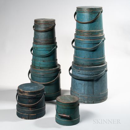 Stack of Eight Blue-painted Lidded Pails