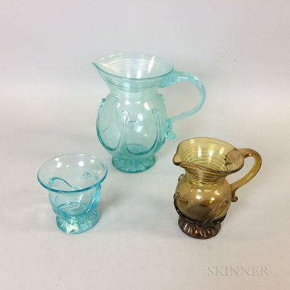 Contemporary Blown Glass Amber Jug and Aqua Pitcher and Cup