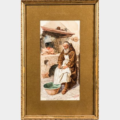 Edouardo Vitali (Italian, 19th Century) Contemplative Monk Peeling Potatoes by a Hearth