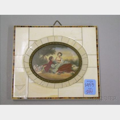 Framed Miniature Oval Hand-painted Picnic Scene with Dog and Sheep on Ivory