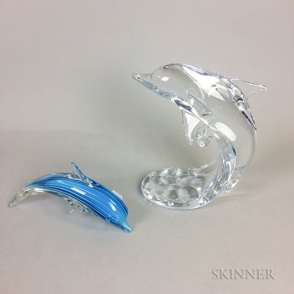Two Art Glass Dolphins