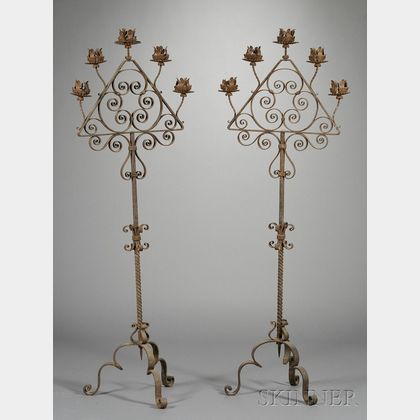 Pair of Spanish Medieval-style Wrought-iron Torchieres