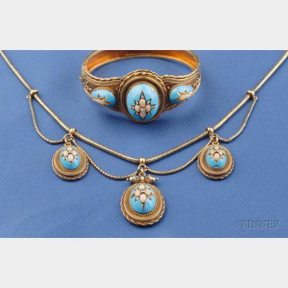 Antique 14kt Gold, Enamel, Coral, and Diamond Necklace and Bracelet