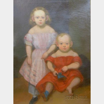 19th Century American School Oil on Canvas Portrait of Two Children