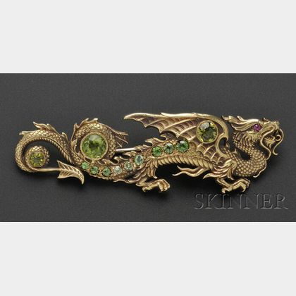 Art Nouveau 14kt Gold, Peridot, and Demantoid Garnet Dragon Brooch, Riker Bros.