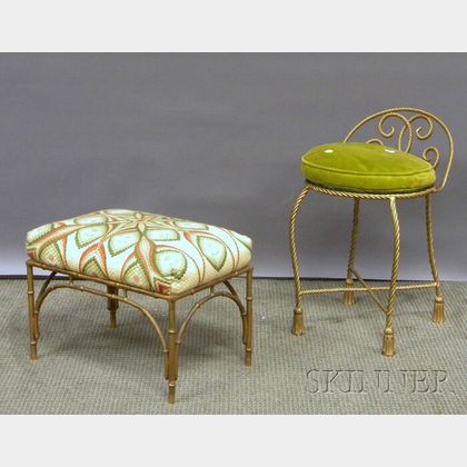 Gold-painted Metal Vanity Chair and Footstool. 