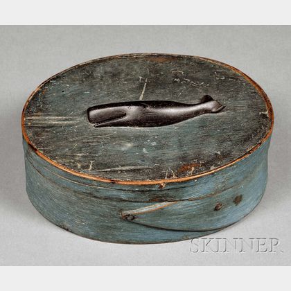 Blue-painted Oval Covered Box with Carved Ebony Whale