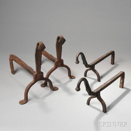 Two Pairs of Wrought Iron Andirons