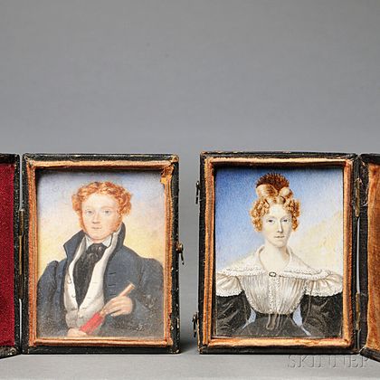 American School, Early 19th Century Miniature Portraits of a Sea Captain and His Wife.