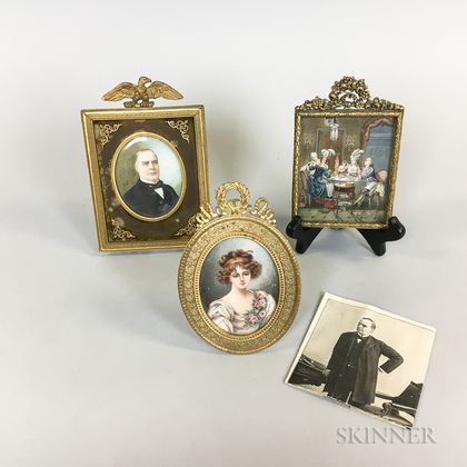 Two Framed Portrait Miniatures and an Interior Scene