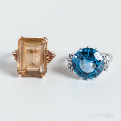 10kt Gold and Citrine Ring and 10kt White Gold and Blue Topaz Ring