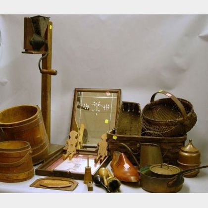 Group of Woodenware, a Nutmeg Grinder on Stand, and Copper Items
