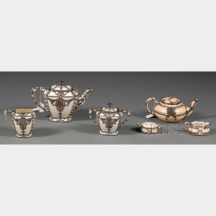 Two Classical Revival Lenox Porcelain and Sterling Overlay Tete-a-tete Tea Sets