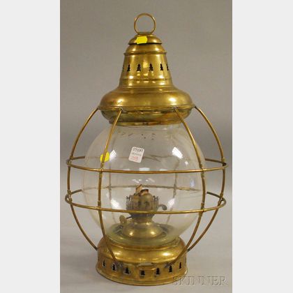 Large Perkins Brass and Molded Glass Kerosene Onion Lantern with Double Burner