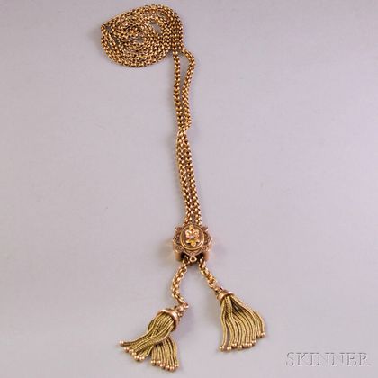 Victorian 10kt Gold and Seed Pearl Slide Necklace with Tassels