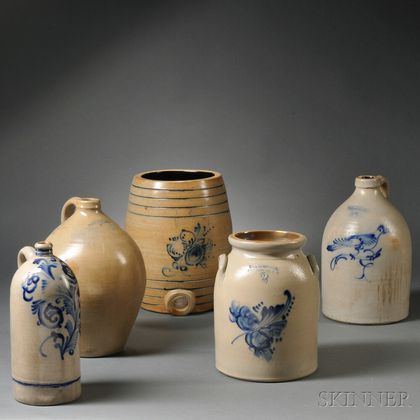 Five Cobalt-decorated Stoneware Items