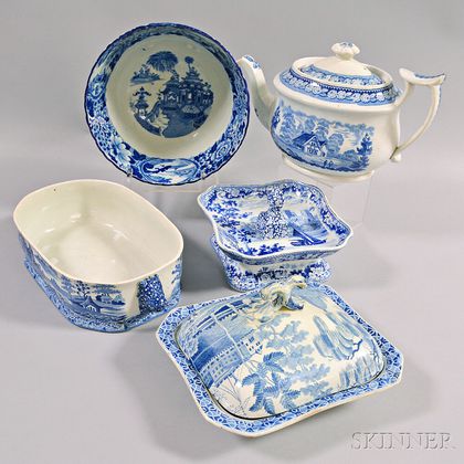 Five Blue Transfer-decorated Ceramic Items