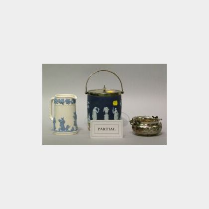 Wedgwood Silver Plate Mounted Dark Blue Jasper Biscuit Jar, Embossed Queens Ware Pitcher and Three Silver Plated Table Items. 