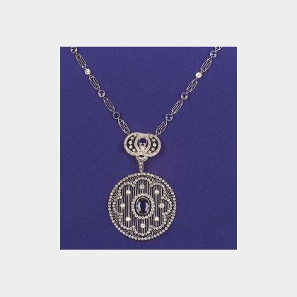 Art Deco Platinum, Sapphire and Diamond Pendant Necklace