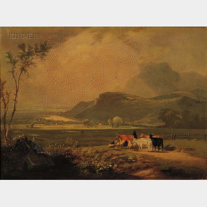 American School, 19th Century Landscape with Cows by a Lake