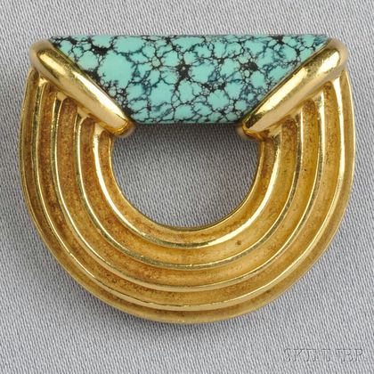 18kt Gold and Turquoise "Ridged Logic" Brooch, Christopher Walling