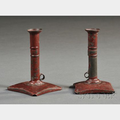 Pair of Miniature Red-painted Push-up Tin Candlesticks