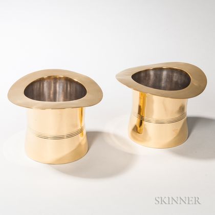 Pair of Brass Stainless Steel-lined Top Hat-form Wine Coolers