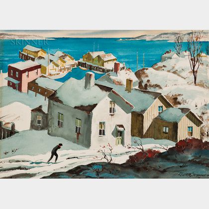 Henry Martin Gasser (American, 1909-1981) Snowy Village Overlooking a Harbor