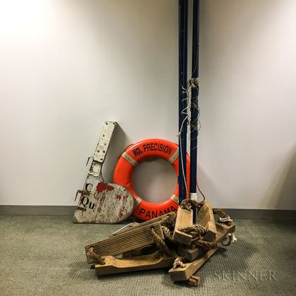 Ship's Boom, Life Ring, Wooden Rudder, and Ship's Rope Ladder