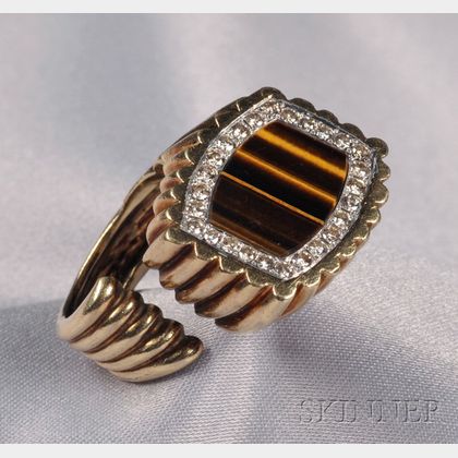 14kt Gold, Tiger's-eye, and Diamond Ring