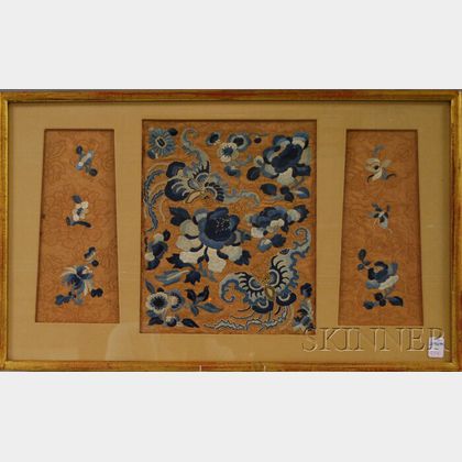 Framed Silk Needlework Pillow Cover and Chinese Needlework Fragments