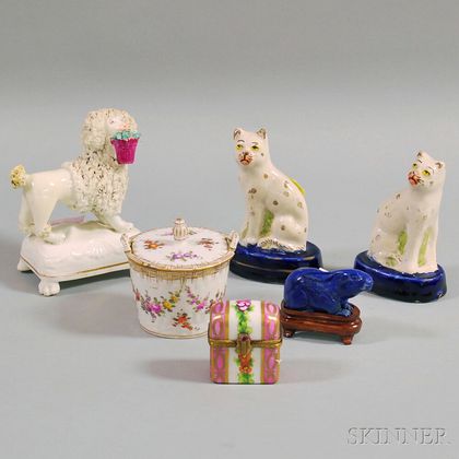 Five Small Porcelain Decorative Items and a Carved Lapis Lazuli Rabbit Figure