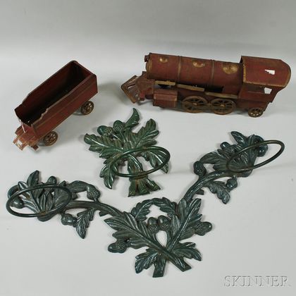 Two Cast Iron Acorn-pattern Garden Pot Holders and Two Dayton Hill Climber Trains