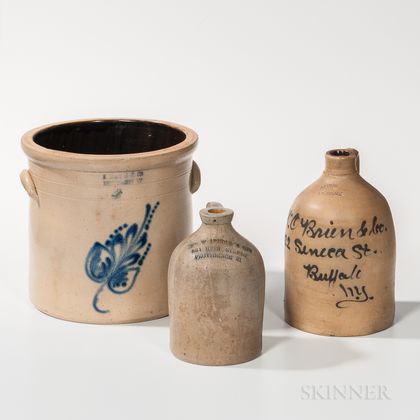 Two Cobalt-decorated Stoneware Advertising Jugs and a Crock