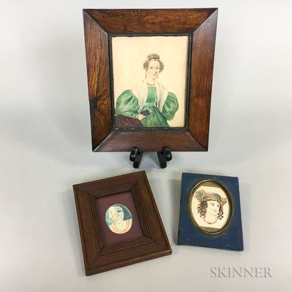 Three Framed Watercolor Portrait Miniatures of Women