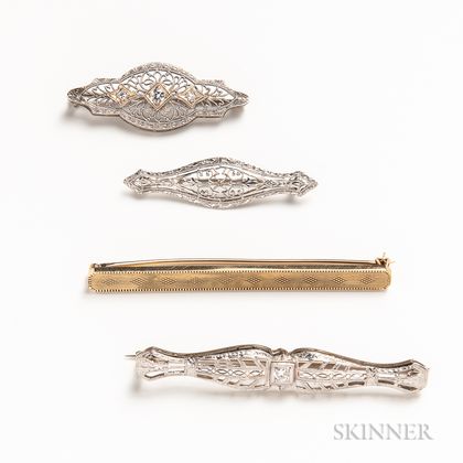 Four Art Deco 14kt Gold Bar Brooches