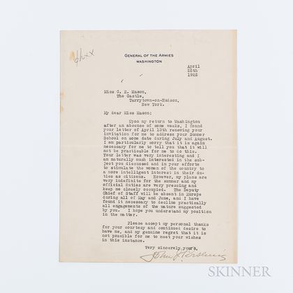 Pershing, John J. (1860-1948) Typed Letter Signed, Washington, DC, 25 April 1922.