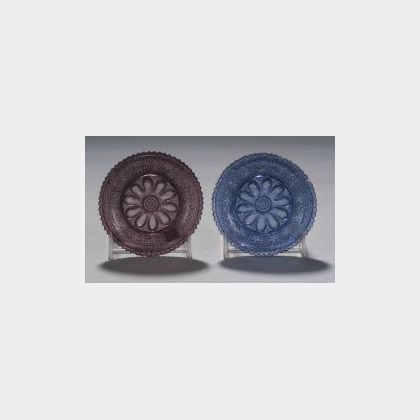 Two Colored Pressed Lacy Glass Roman Rosette Pattern Cup Plates