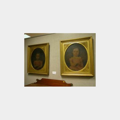 Lot of Two Framed Oil Portraits of Young Girls. 
