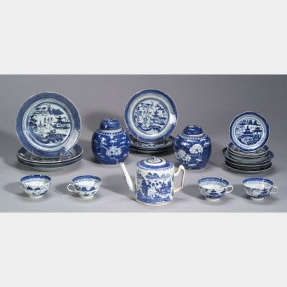 Assembled Group of Twenty-three Pieces of Chinese Export Porcelain Canton Blue and White Tableware. 