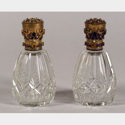 Pair of Austrian Enameled Silver Gilt and Colorless Glass Scent Bottles