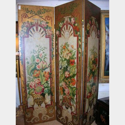 Modern Hand-painted Floral Decorated Three-Panel Floor Screen