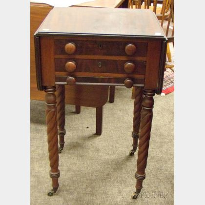 Classical Mahogany Drop-leaf Three-Drawer Work Table with Rope-turned Legs. 