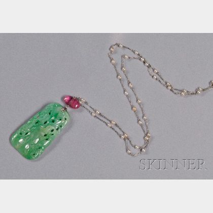 Art Deco Platinum, Carved Jadeite, Tourmaline, and Seed Pearl Necklace