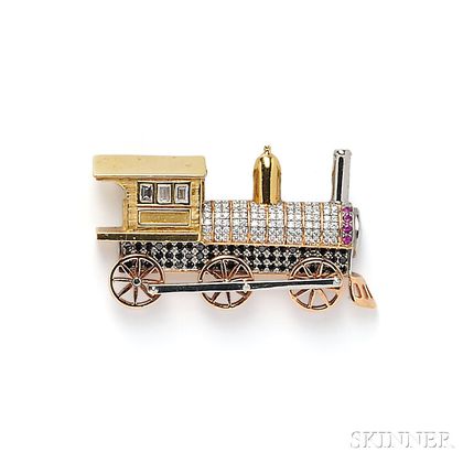 Gold Gem-set Locomotive Brooch