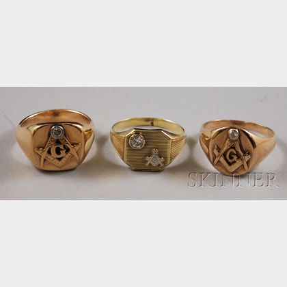 Three Gold and Diamond Gentleman's Masonic Rings