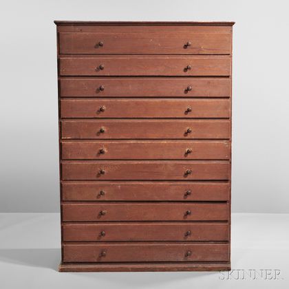 Shaker Red-stained Eleven-drawer Pine Chest