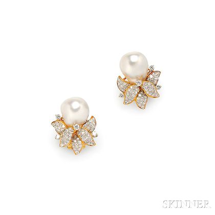 18kt Gold, Baroque South Sea Pearl, and Diamond Earclips